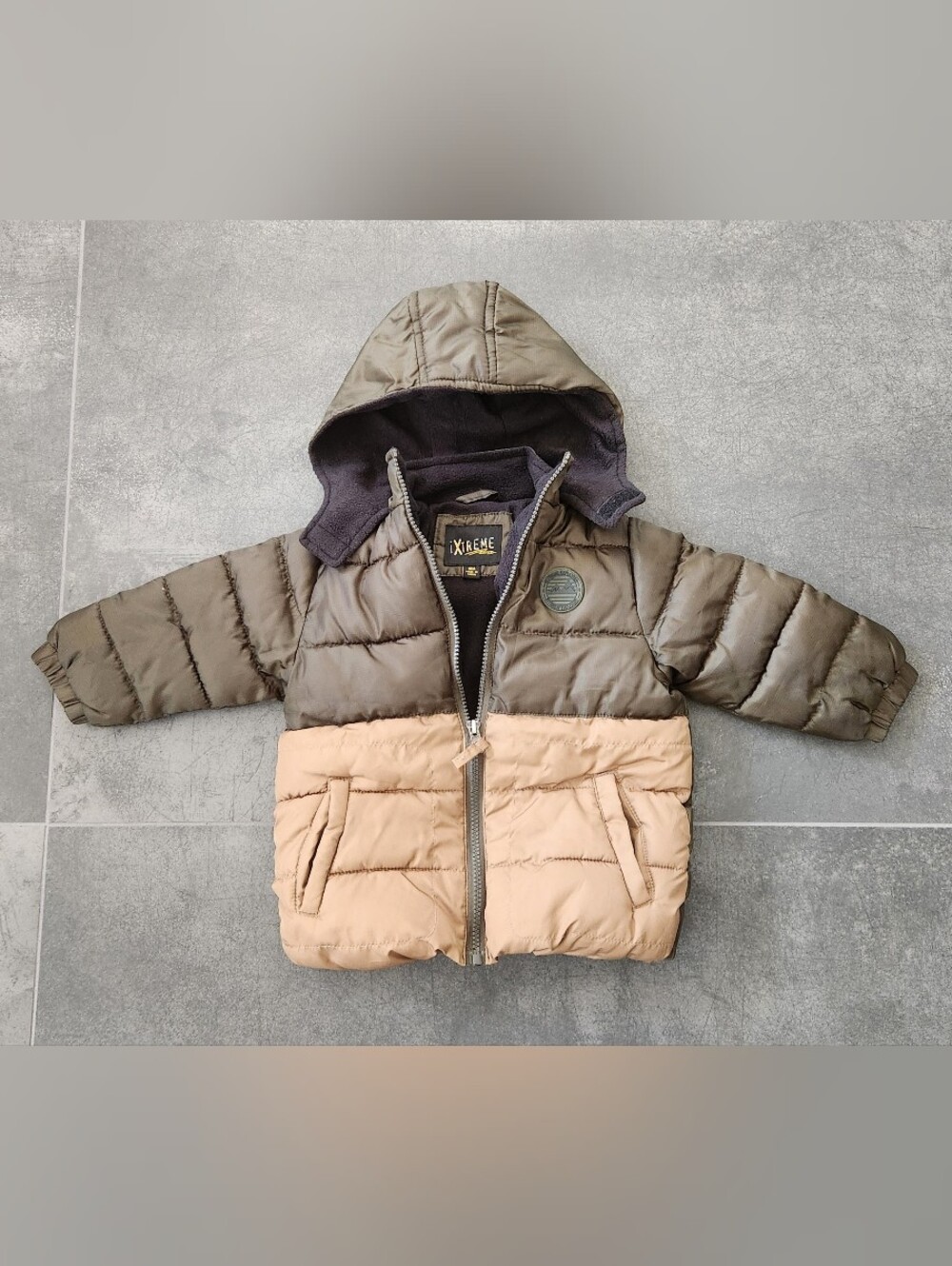 Kids Two-Tone Hooded Puffer Jacket - Taupe & Beige - Picture 2 of 3